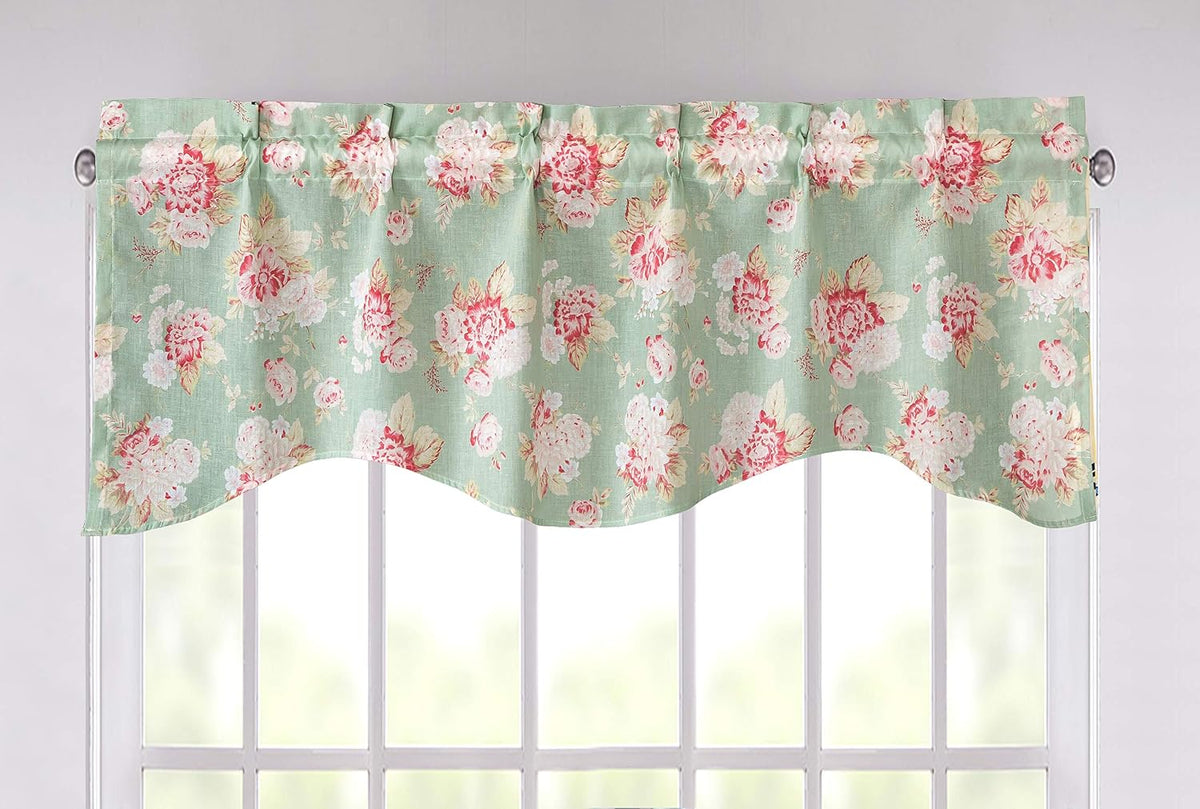 DaDa Bedding Floral Window Curtain Valance - Semi Sheer Natural Lighting Botanical Scalloped Tailored Edge - Hint of Mint Dainty Light Pastel Seafoam Green Pink Roses Kitchen Decor - 18" x 52"