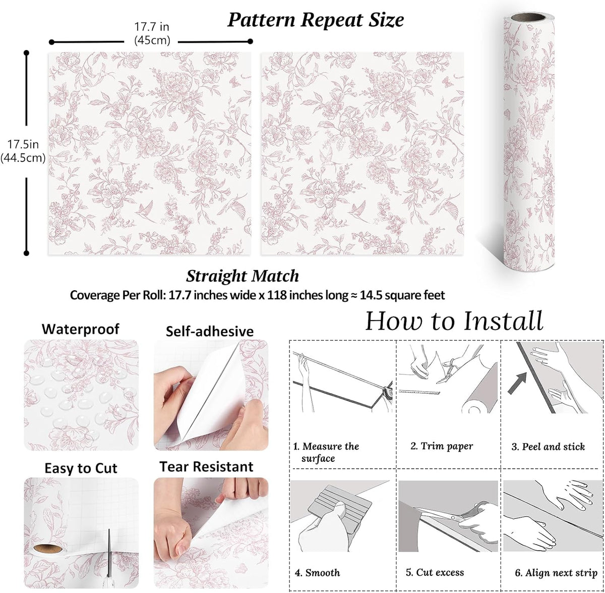 Dusty Pink Chinoiserie Floral Peel and Stick Wallpaper Vintage Toile Wallpaper 17.7''x118'' Self Adhesive Contact Paper Removable Cottage Bird Flower Wall Paper for Bedroom Nursery Bathroom
