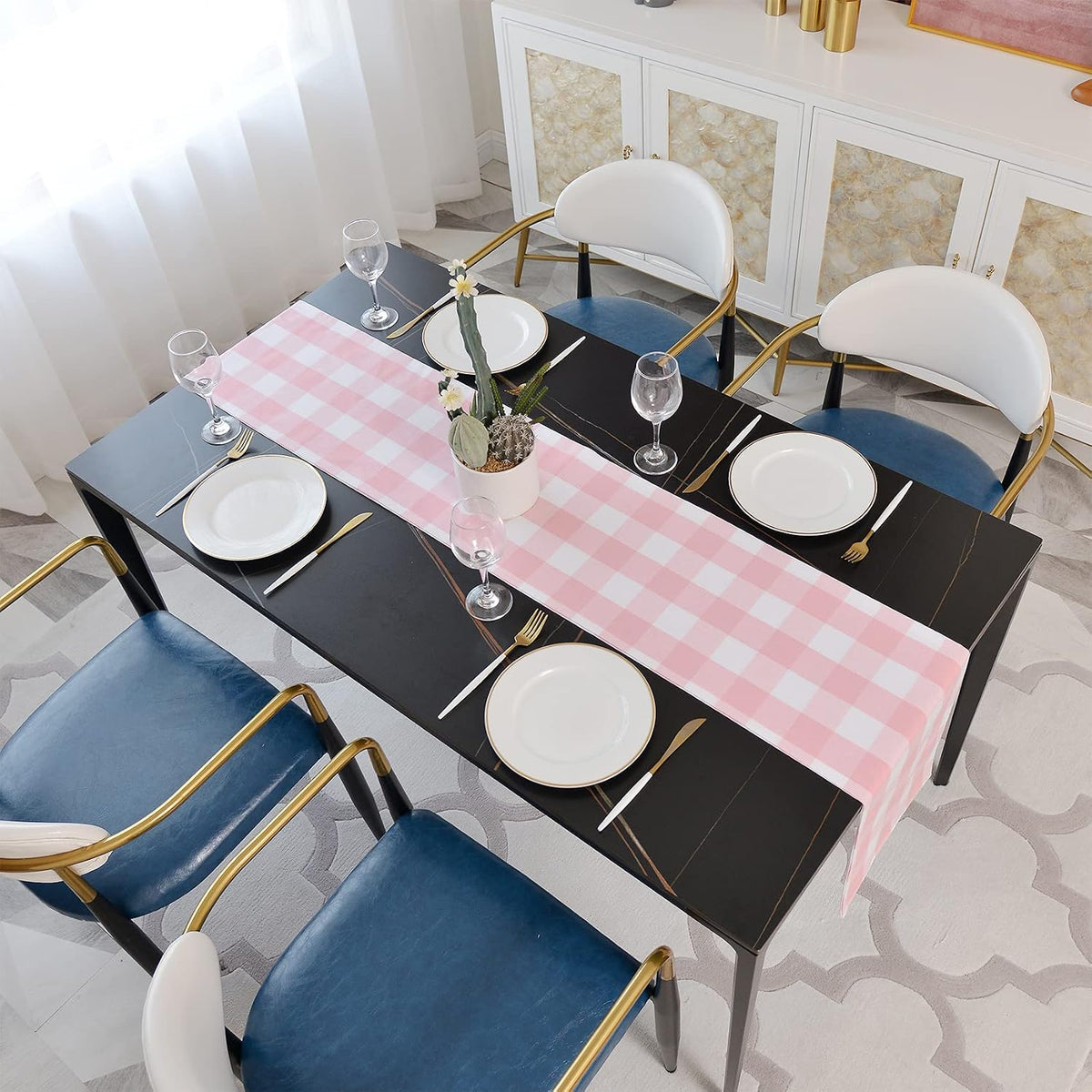 Pink & White 2 Side Buffalo Check Farmhouse Table Runner for Family Dinners or Gatherings, Indoor or Outdoor Parties, Everyday Use (12" x 48")