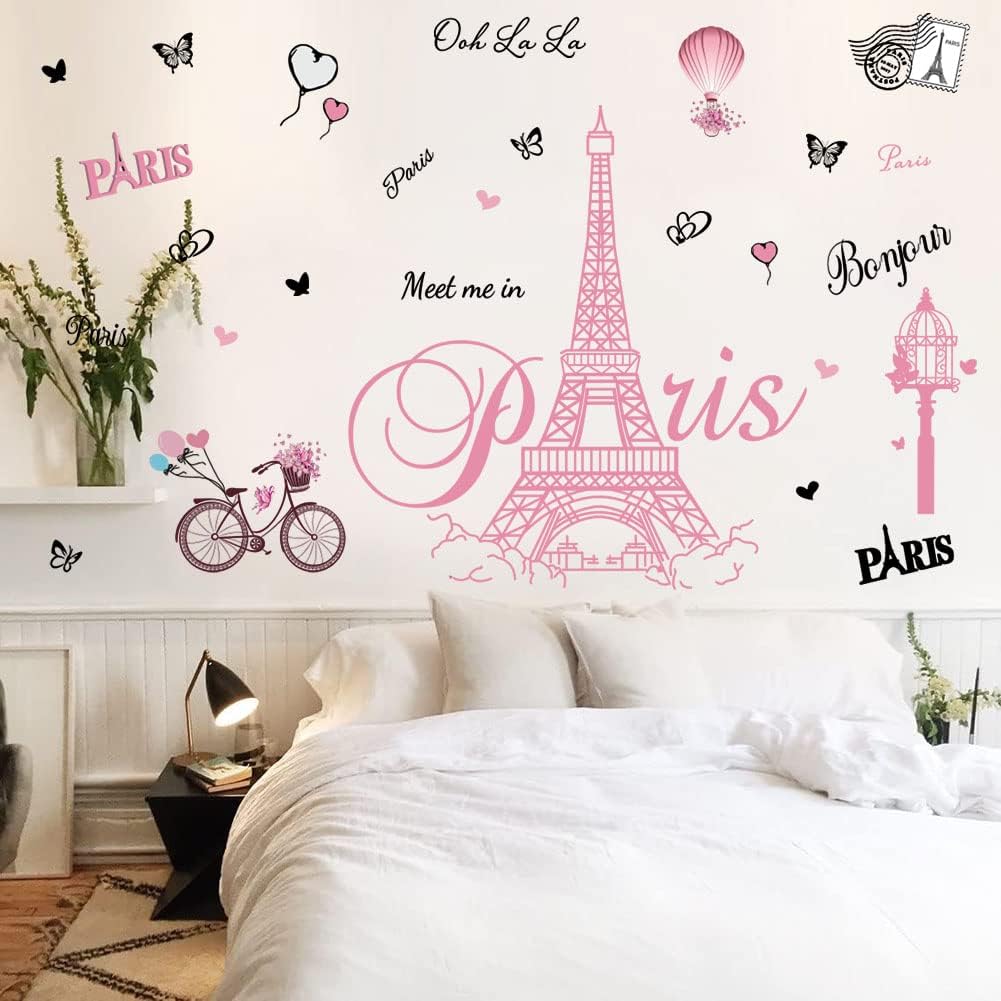 Pink Paris Wall Stickers Bicycle Hot Air Balloon Eiffel Tower Wall Decals Peel and Stick Paris Tower Decor Wall Art Sticker for Bedroom Living Room Sofa Backdrop TV