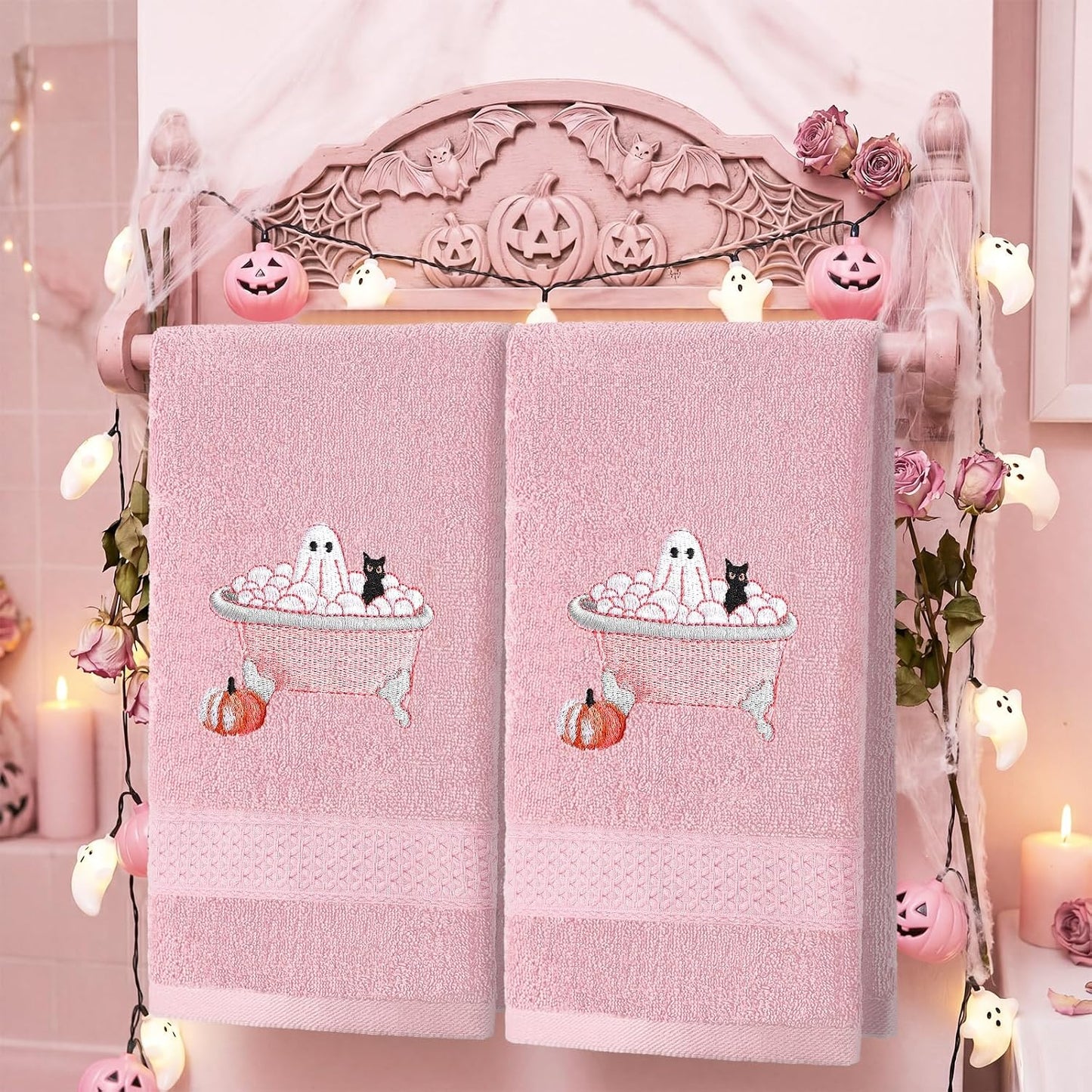 2 Pcs Pink Halloween Hand Towels Embroidered Ghost Bathroom Decor