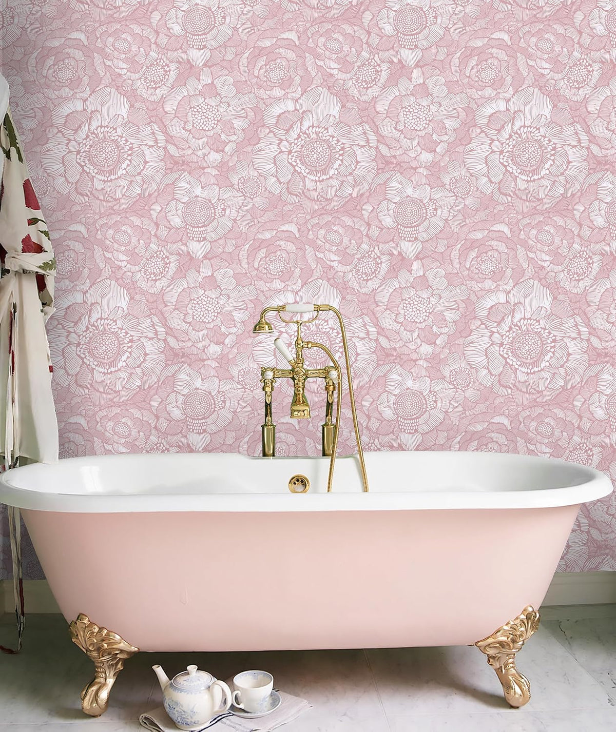 Pink Peel and Stick Wallpaper Pink Floral Contact Paper Boho Wallpaper Removable Self Adhesive Flower Wall Paper for Cabinet Bathroom Bedroom Decoral Papel Tapiz para Pared 17.3" X 78.7"