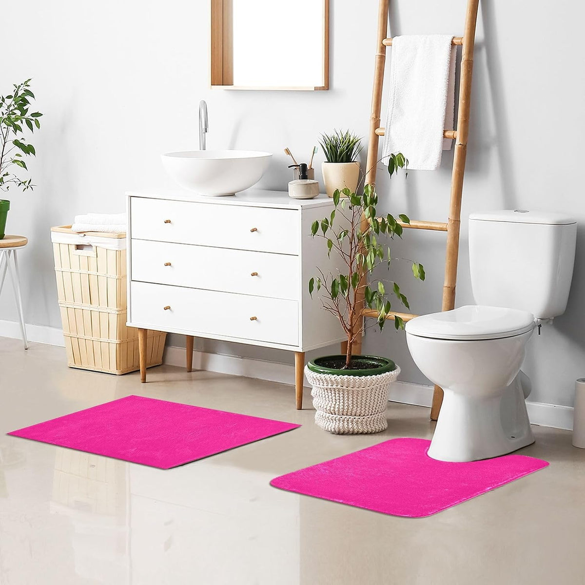 Plain Deep Pink Solid Color Bathroom Rugs, Non Slip Dry Quickly Bath Mat, Absorbent Soft Bath Rugs for Bathroom, Toilet and Shower Floor