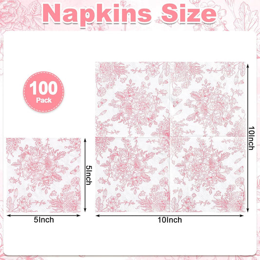 100 Pcs Pink Floral Napkins, Pink and White Toile Cocktail Napkin Vintage Flower Butterfly Design Decoupage Napkin for Girls Birthday, Wedding, Bridal Baby Shower, Tea Party