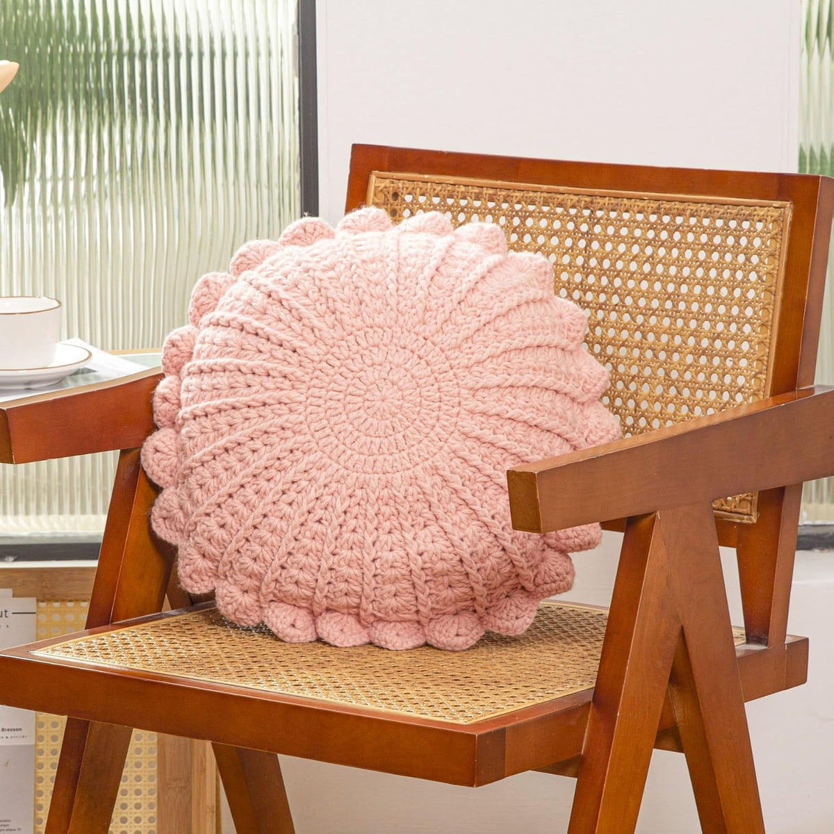 Knitted Throw Pillow Round Couch Pillow (Pink, 18inch)