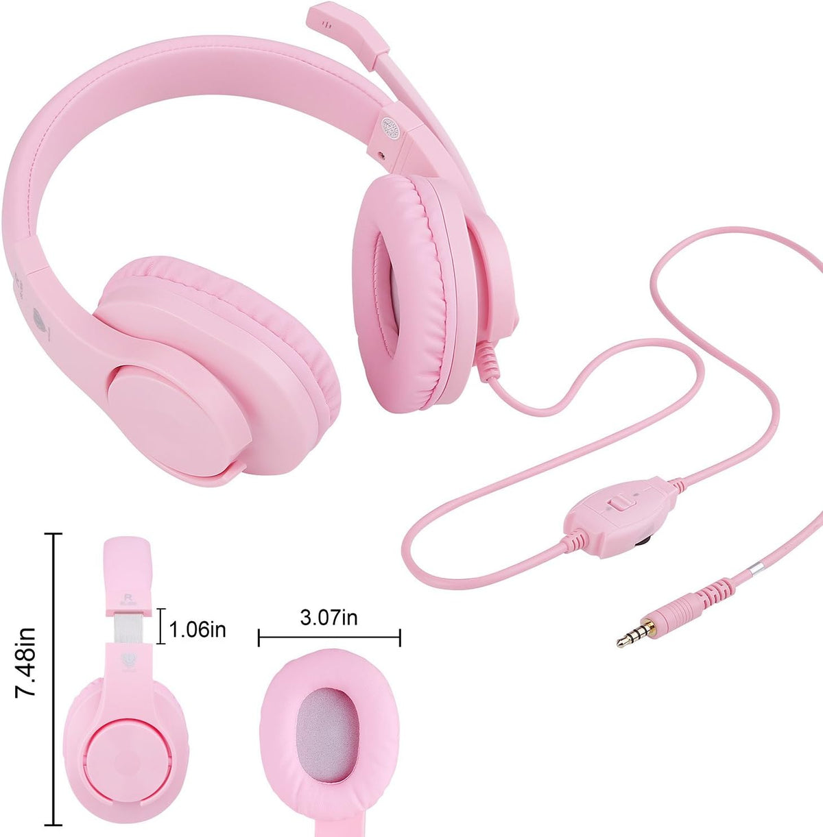 Kids Headphones for Online School, Children, Teens, Boys, Girls, 3.5mm Stereo Over-Ear Gaming Headphone with Microphone and Volume Control for PS4, PS5, New Xbox One(Pink)