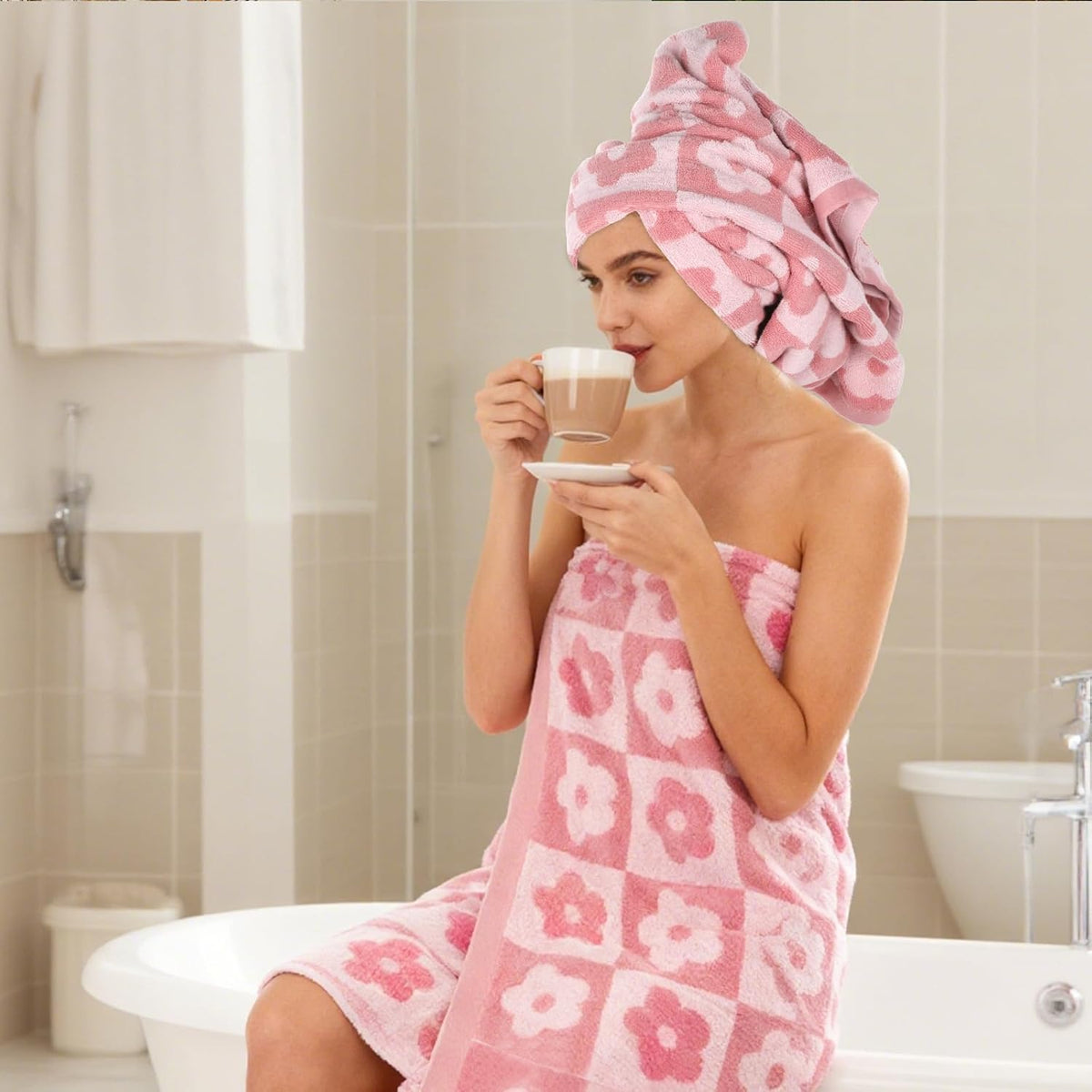 2 PCS Checkered Bath Towels Cute Cotton Floral Bath Towel Soft Absorbent Large Shower Towels for Bathroom, Pool, College Dorm, 27.5x55 Inches, Pink and Purple