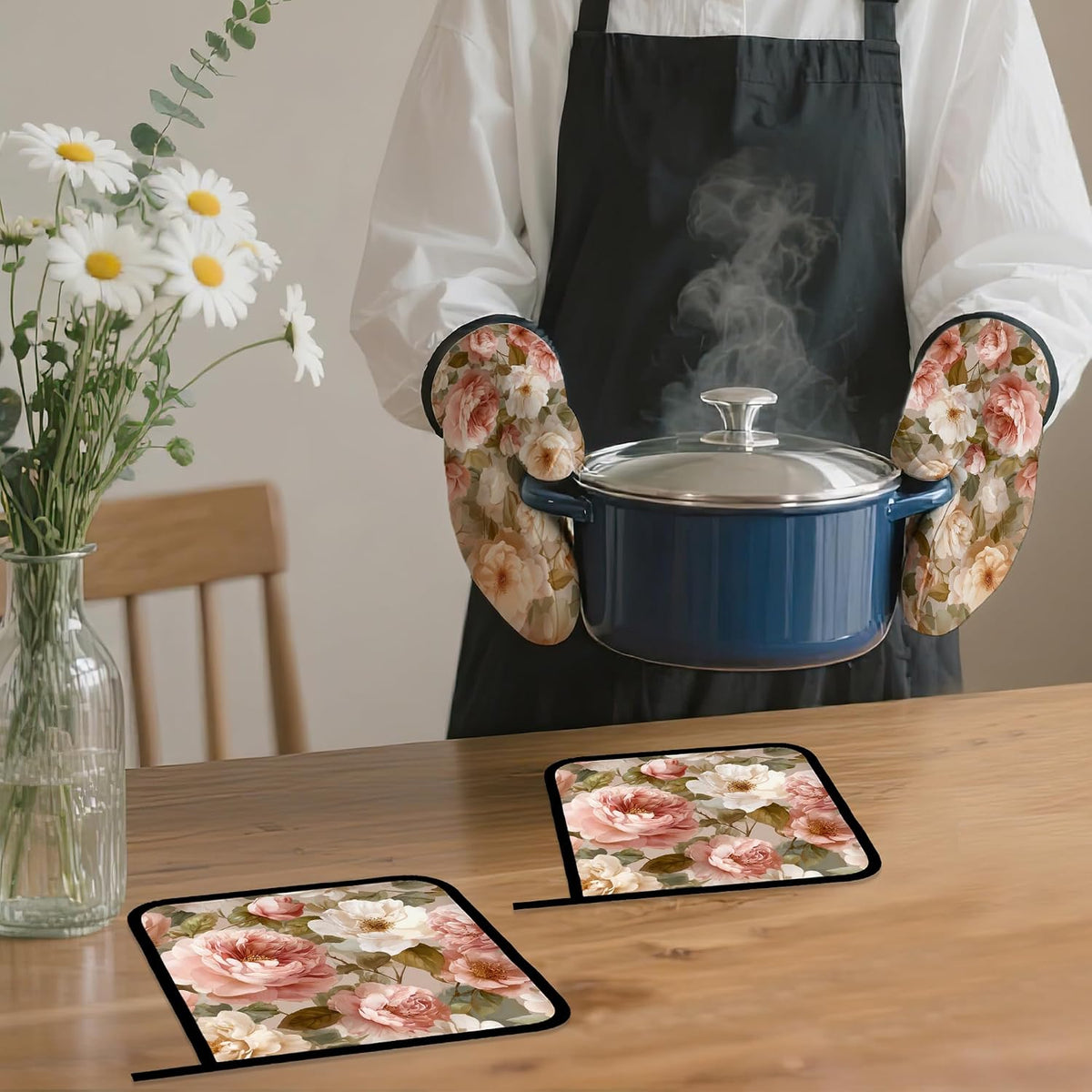 Pink Roses Oven Mitts and Pot Holders Set,Peony Flower Kitchen Oven Gloves and Pot Holder with Heat Resistant Non Slip for Cooking Baking Grilling(4 Piece Set)