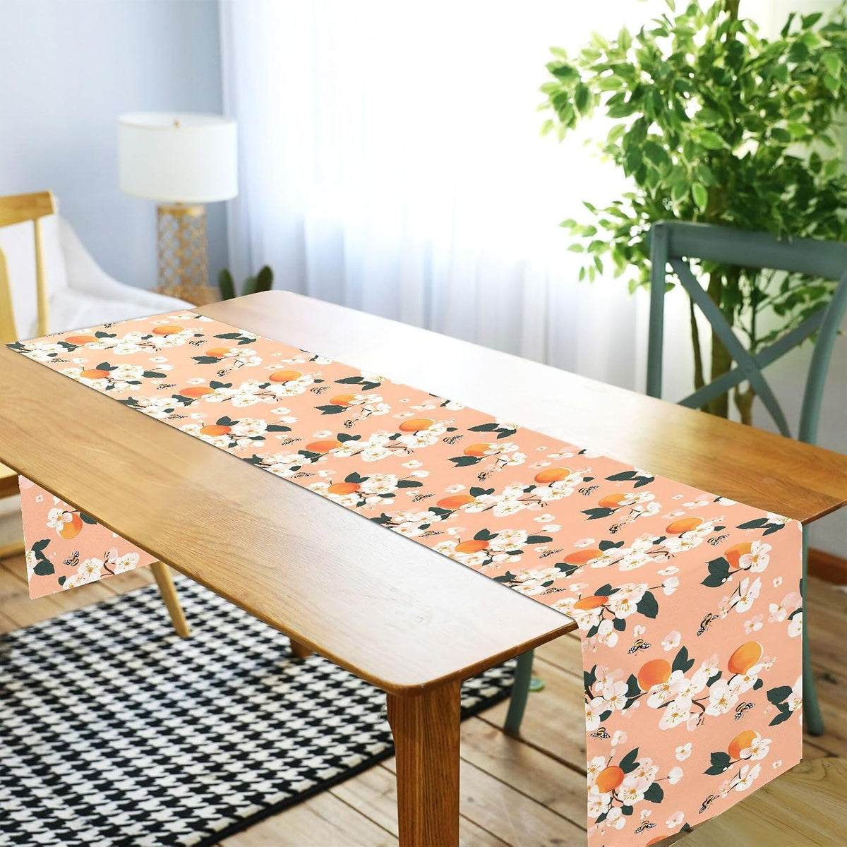 Cute Serviceberry Fruit Peach Table Runner Boho Wedding Ceremony Decorations 18x72in Reusable Green Table Runner