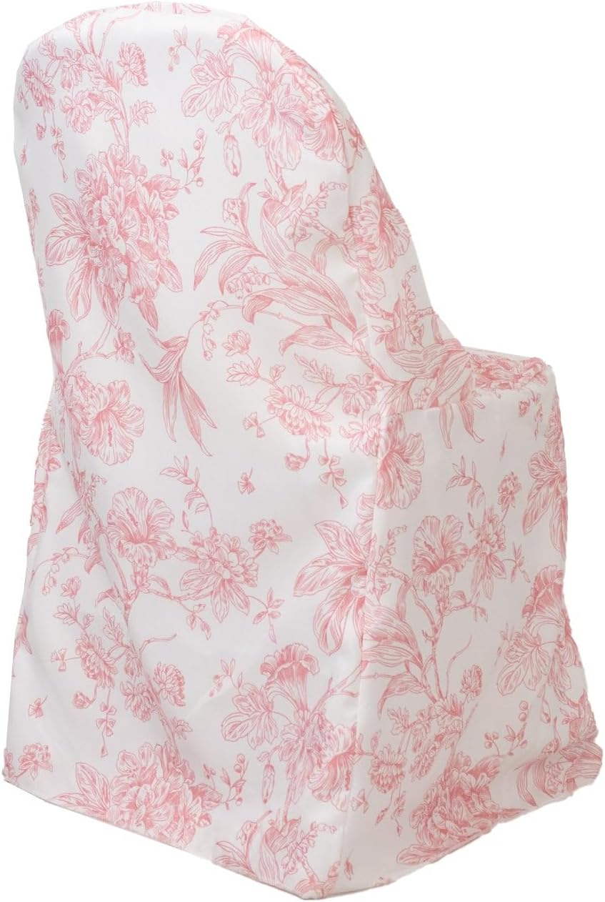 10 Pack Polyester Folding Chair Covers – White Pink French Toile Pattern, Reusable Stain-Resistant Slip-On Slipcovers