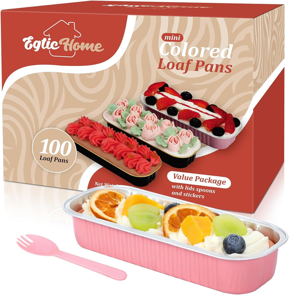 EgticHome Mini Loaf Pans with Lids and Spoons (100 Pack, Pink, 6.8oz) Rectangular Aluminum Foil Baking Pans