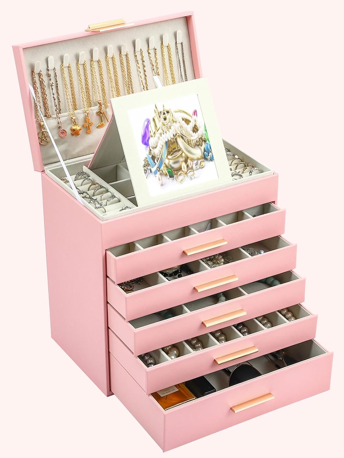 Jewelry Boxes for Women, White and Black 6 Layer Large Jewelry Box for Necklace, Bracelet, Earrings, Rings Storage, Jewelry holder Organizer for Girls Gift (Pink, 6 layer)