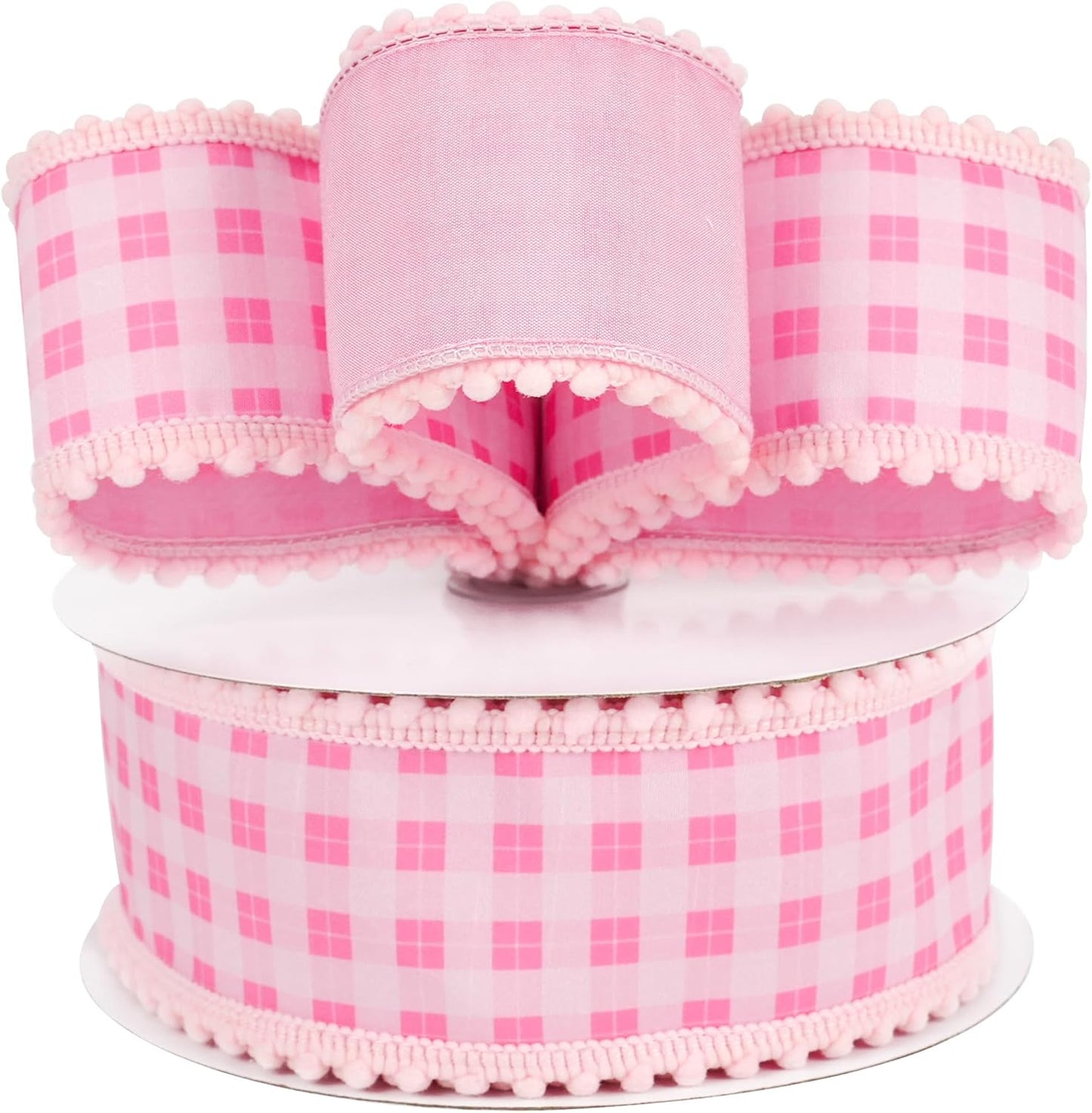 Pink and White Gingham Easter Ribbon with Snowball Edge 2.5 Inch Wide 10 Yards Wired Dupioni Ribbons for Easter Basket Bunny Decor Floral Wreath Gift Wrap Holiday Event Decorations