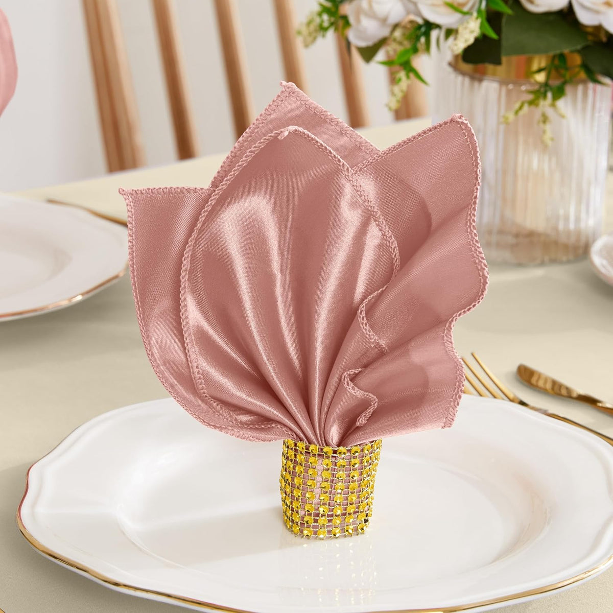 Rose Gold Satin Napkins and Napkin Rings Set of 50, 17 x 17 Inch