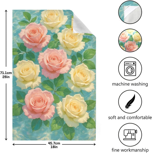 Pastel Pink Cream Roses Kitchen Dish Towel Set Decorative Tea Hand Towel Cute Cleaning Cloth Absorbent Soft 18 x 28 Inch, 4 Packs