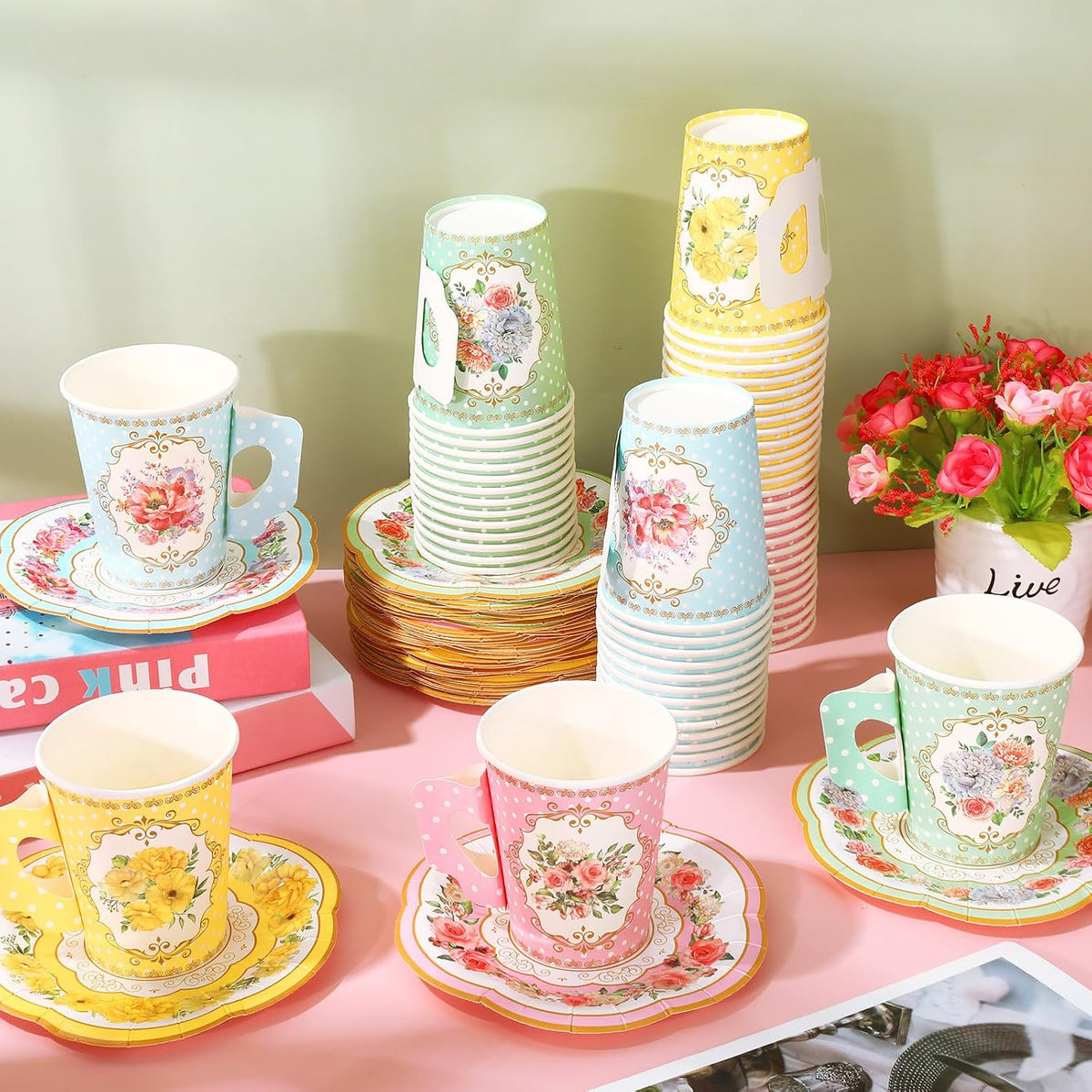 120Pcs Spring Tea Party Decorations 9oz Pink Yellow Blue Green Floral Paper Tea Cups with Handle Flower Saucers for Mother's Day Party Tableware Girls Women Birthday Supplies, 60 Set
