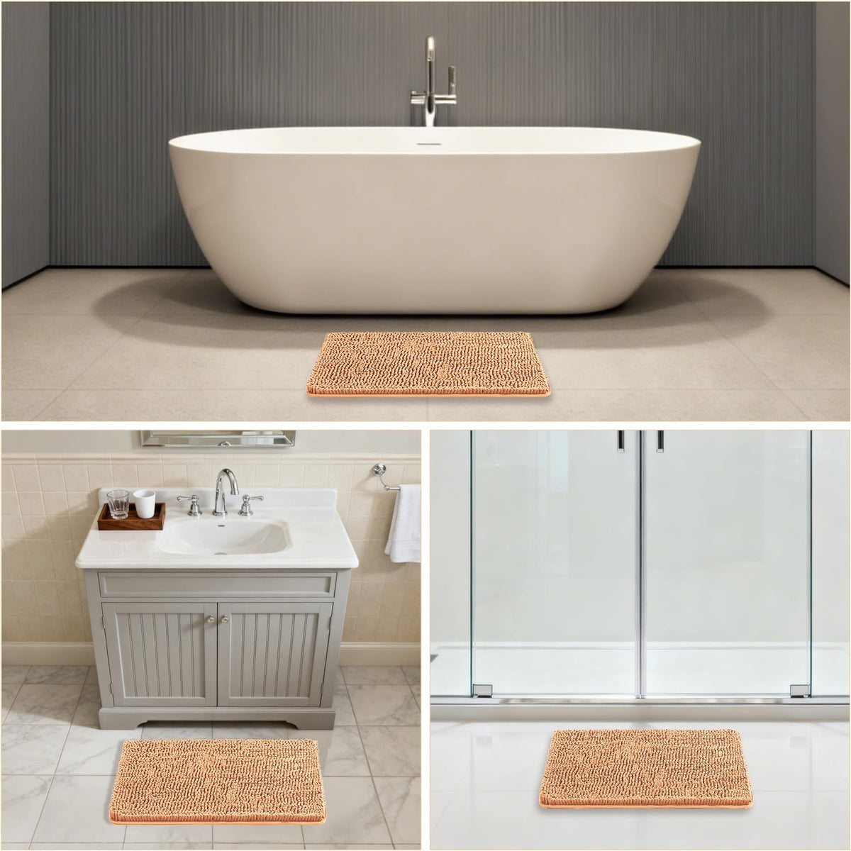 Chenille Bathroom Rug 17"x24" Peach, Non-Slip Plush Bath Mat