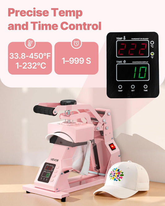 Hat Heat Press Machine, with 4pcs Interchangeable Platens, Precise Temperature and Time Control, Hat Press for HTV Iron On and Sublimation Projects, for Caps, Headbands, Cuffs, Face Masks, Pink