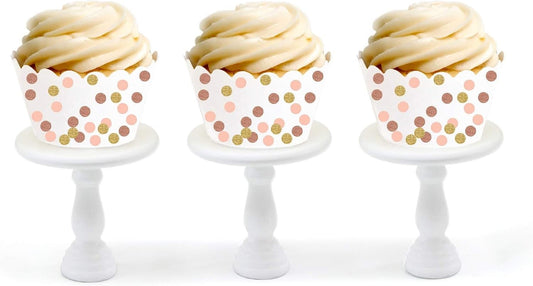 Birthday Party Cupcake Wrappers Decorations, Faux Rose Gold Glitter, Peach, Faux Gold Glitter, 24-Pack, Bulk Decor Supplies, Girl's 1st Birthday Baptism Communion Theme Colored Supplies