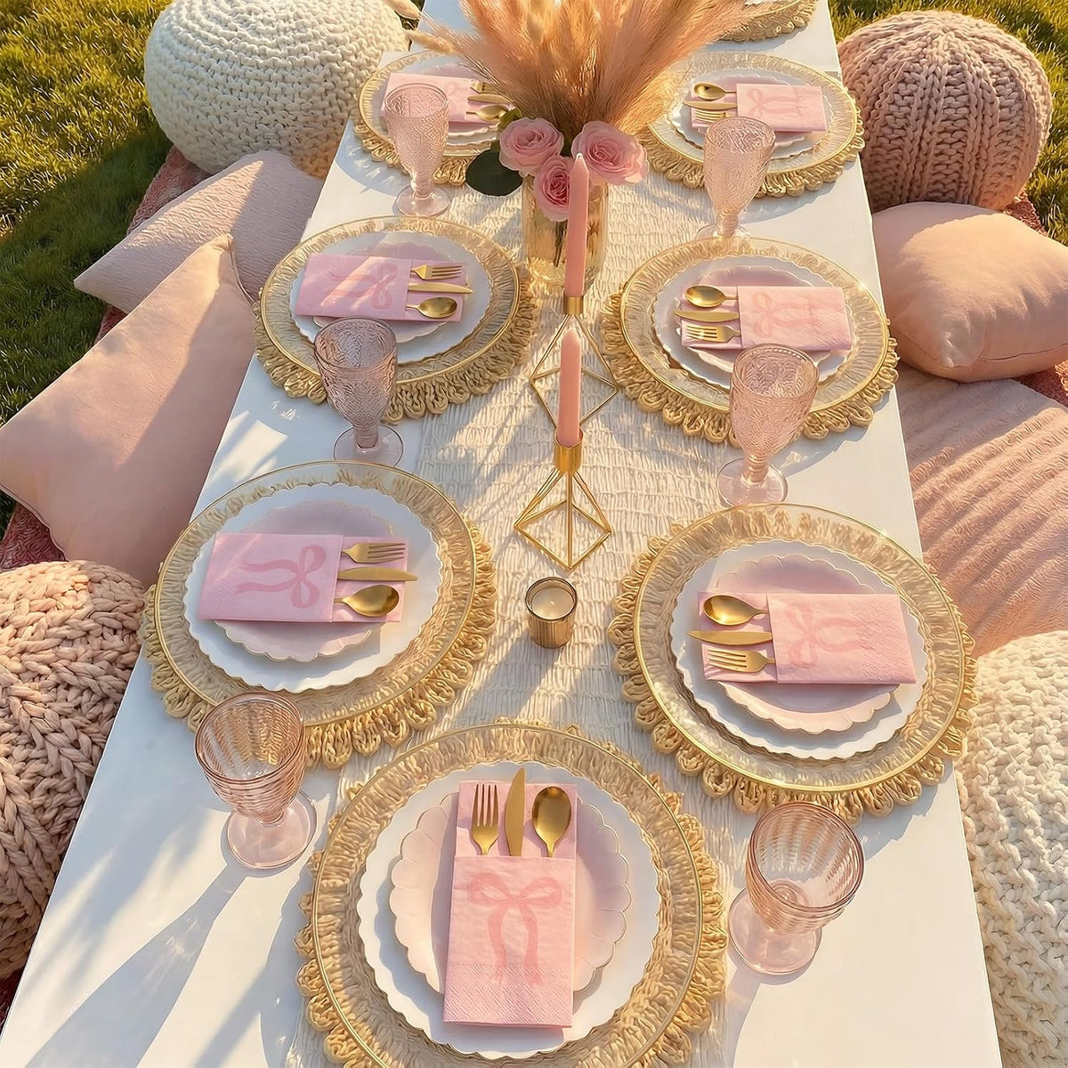 60 Pcs Pink Bow Napkins Disposable Linen with Flatware Pocket
