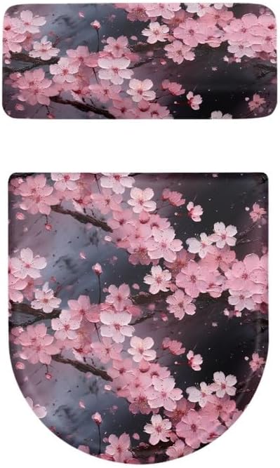 Pink Cherry Blossoms Toilet Lid Seat Cover Chinese Peach Blossom Bathroom Toilet Lid Seat Cover Set Oil Painting Flowers with Elastic Bottom, Dustproof Machine Washable