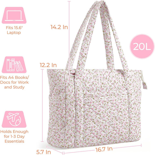Quilted Tote Bag for Women, Floral Quilted Tote Bag with Zipper, Cute Shoulder Bag for Work, Travel, Gym