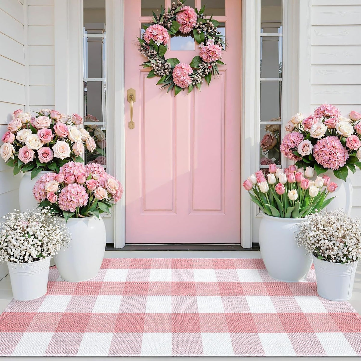 Buffalo Plaid Rug 2'4" x 3'7" (27.5" x 43") – Pink and White Cotton Checkered Doormat, Washable Indoor Outdoor Rug for Layered Front Porch, Kitchen, Entryway Decor