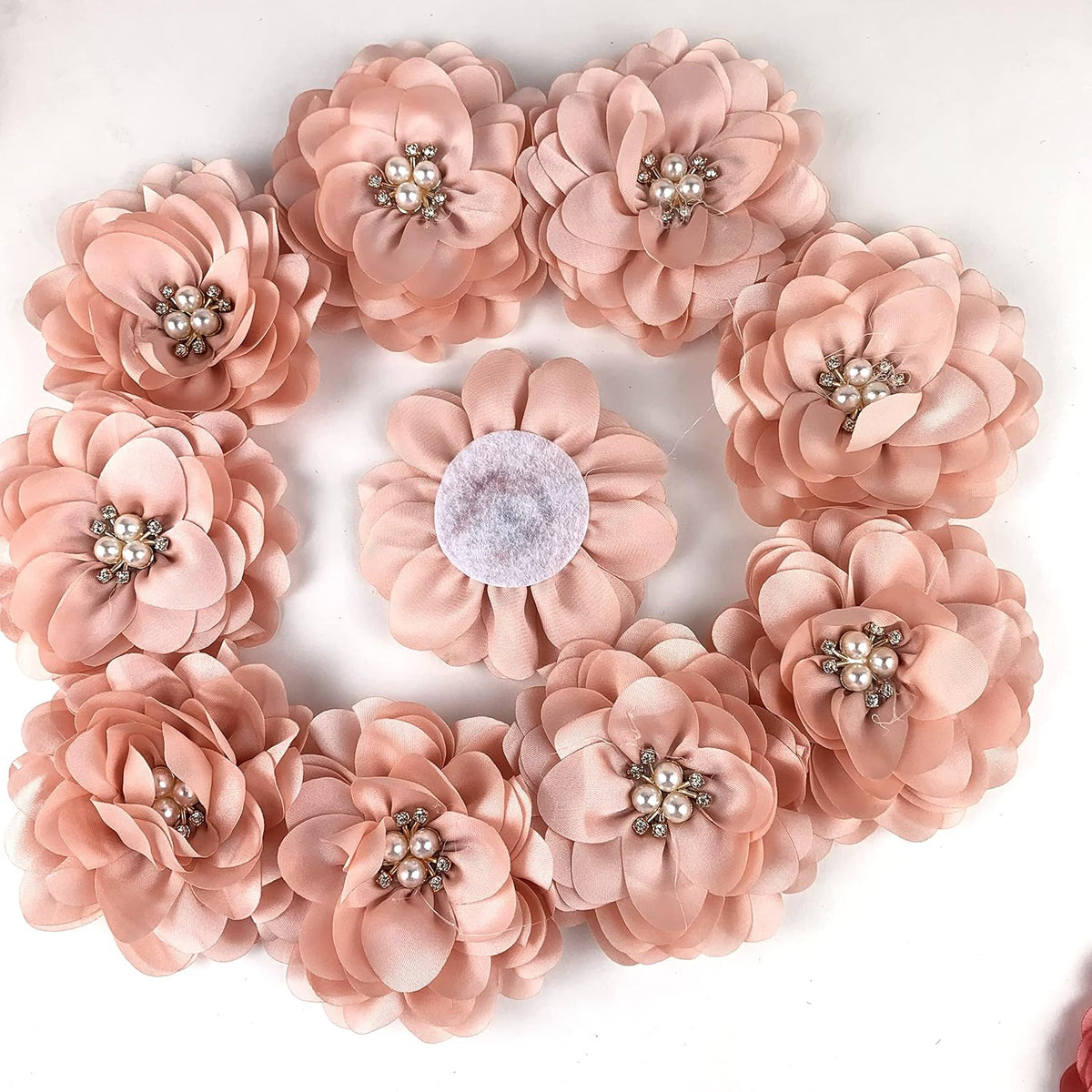 10PC Peach Large Chiffon Fabric Flower Rhinestone Cluster for DIY Handmade Decorative Hair Clip Scrapbooking and More Decor 3.2" Inch