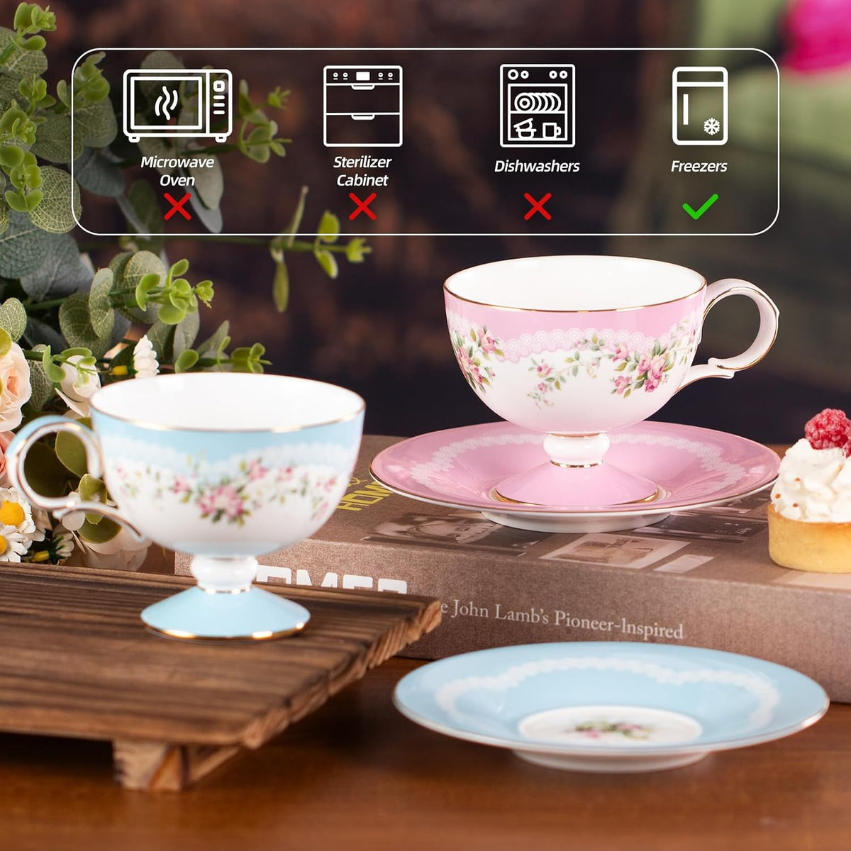 Tea Cups Set of 2,Ceramic Floral Pattern Demitasse Cup