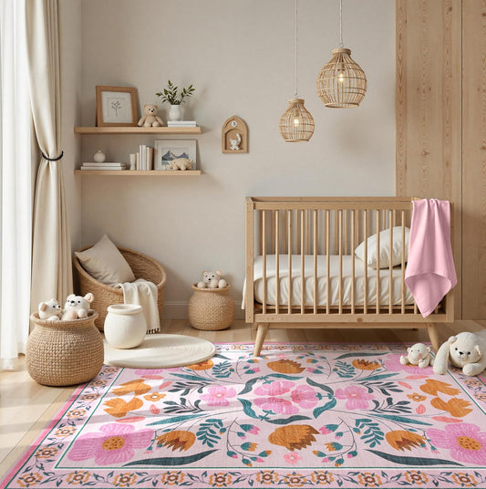 Yuemasi Washable Pink Floral Rug 8x10 Living Room, Soft Coquette Rugs for Bedroom Girls Non Slip, No Shedding Colorful Boho Carpet for Nursery Dorm Teen Kid Toddler (8x10ft,Pink)