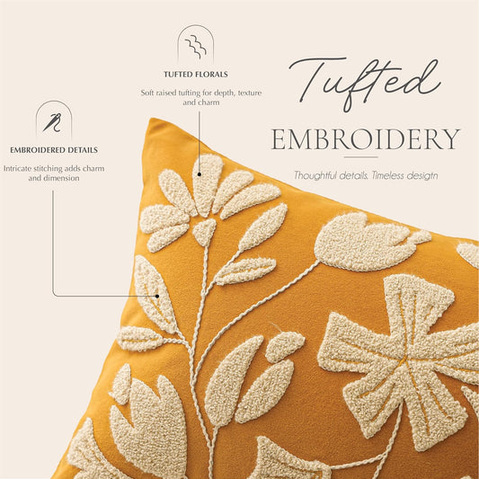 BlissBlush Throw Pillow Cover 20x20 Inch, Mustard Floral Tufted Velvet Decorative Accent Pillow Case for Sofa Bed Living Room, Cover Only