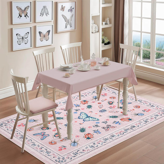 Floral Butterfly Pink Rugs for Bedroom Girls Nursery 5x8, Insect Printed Rug for Living Room Dining Room Under Kitchen Table, Washable Low Pile Cute Vintage Bug Moth Light Pink Carpet Home Decor