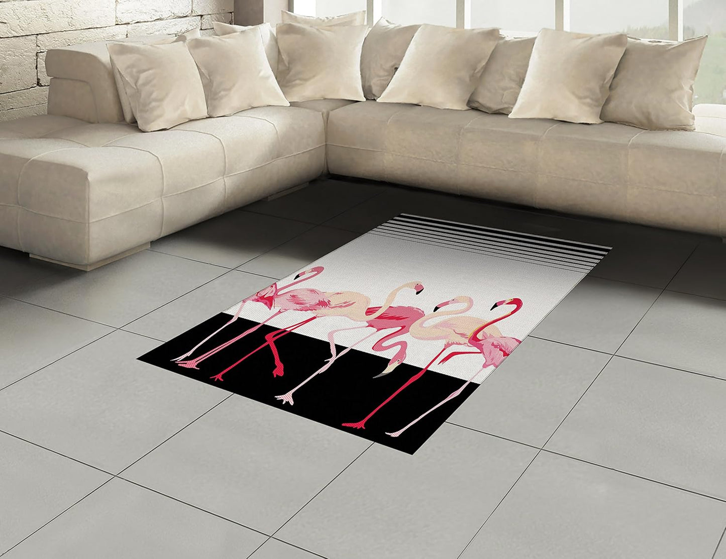 Lunarable Retro Area Rug, Flamingo Birds on Background Stripes Modern Cartoon Illustration Graphic, Flat Woven Accent Rug for Living Room Bedroom Dining Room, 4' X 5' 7", Black Pink Pale Peach