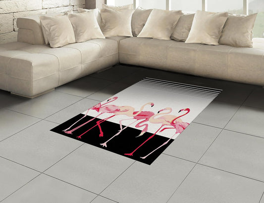 Lunarable Retro Area Rug, Flamingo Birds on Background Stripes Modern Cartoon Illustration Graphic, Flat Woven Accent Rug for Living Room Bedroom Dining Room, 4' X 5' 7", Black Pink Pale Peach