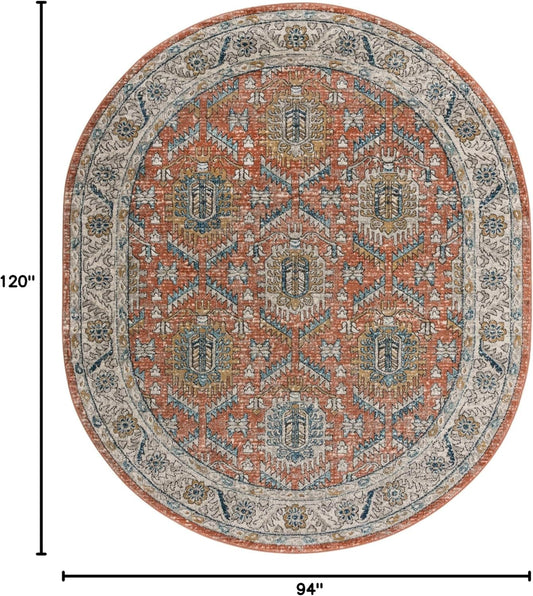 Rugs.com - Nyla Collection Rug – 7' 10 x 10' Oval Salmon Pink Easy-Clean Textured Area Rug – Vintage Medallion Design for Living Rooms, Dining Rooms, and Bedrooms