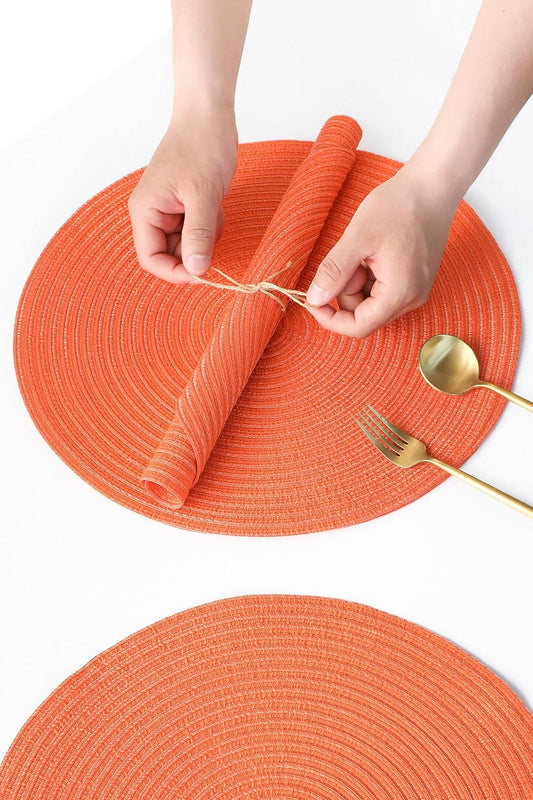 Floroom 15 Inch Round Braided Placemats Set of 4, Washable Heat Resistant Cotton Polyester Circle Place Mats for Kitchen Dining Table - Coral Orange