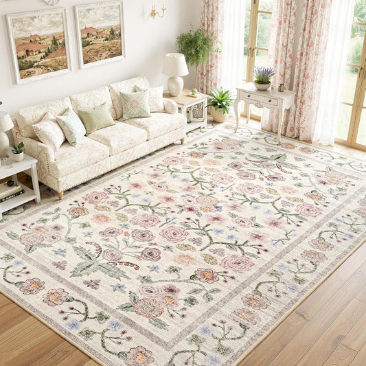 Maxsoft Large Area Rugs for Living Room Bedroom, 5x7 Washable Floral Area Rugs, Non-Slip and Stain Resistant Soft Throw Indoor Carpet for Dining Room Office Kitchen Dorm Home Decor, Pink