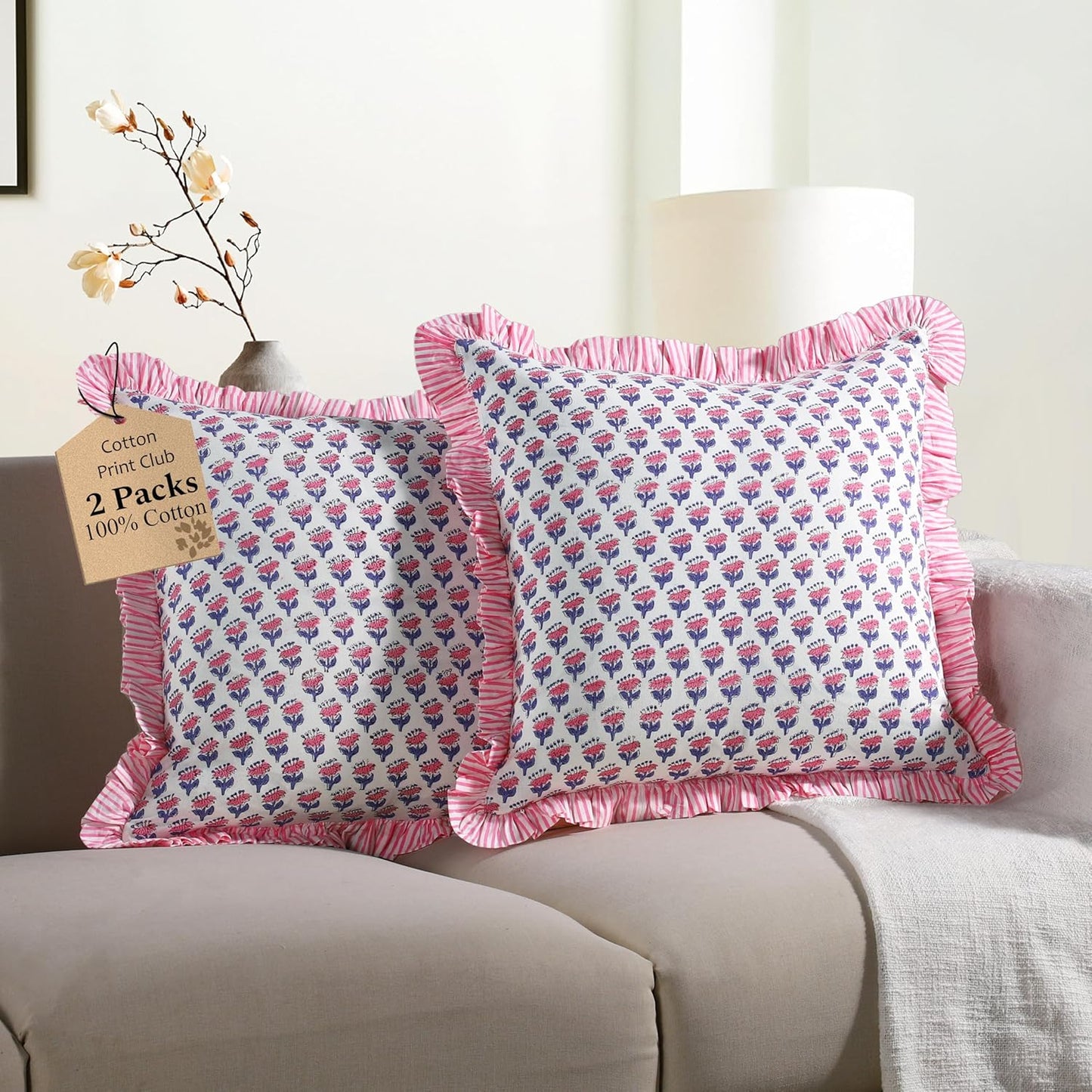 CPC Pink Sapphire Ruffle Throw Pillow Covers for Couch, 18x18 Inch Cotton Stripe Ruffle Couch Pillows for Living Room, Hidden 14 Inch Zipper Boho Pillow Case or Cute Outdoor Pillows