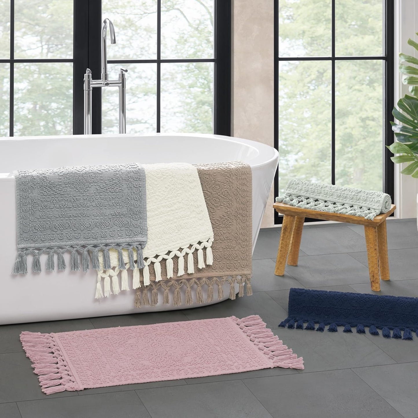 French Connection Nellore Bathroom Rugs, Set of 2 Woven and Beaded Bathroom Mats, Durable Bath Rugs, Thick Bath Mats for Bathroom and Shower Rugs, 17" x 28" and 20" x 38", Dusty Pink