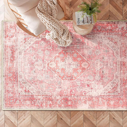 MUJOO Pink Rugs for Bedroom Girls 3'x5' Rug Washable Boho Area Rug for Living Room Small Cute Non Slip Throw Carpet for Bedside Dorm Shower Room Soft Light Pink Floral Home Decor