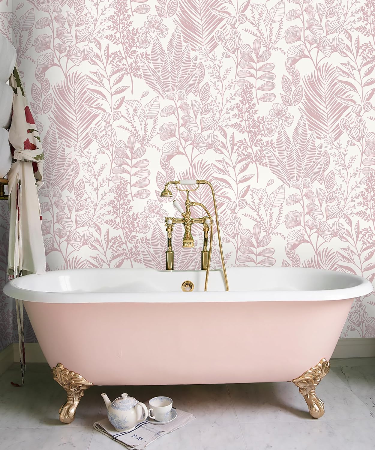 Hopepak 17.3''x197'' Peel and Stick Wallpaper Pink Leaf Floral Wall Paper Self Adhesive Removable Waterproof Contact Paper for Bedroom Bathroom Living Room Decor