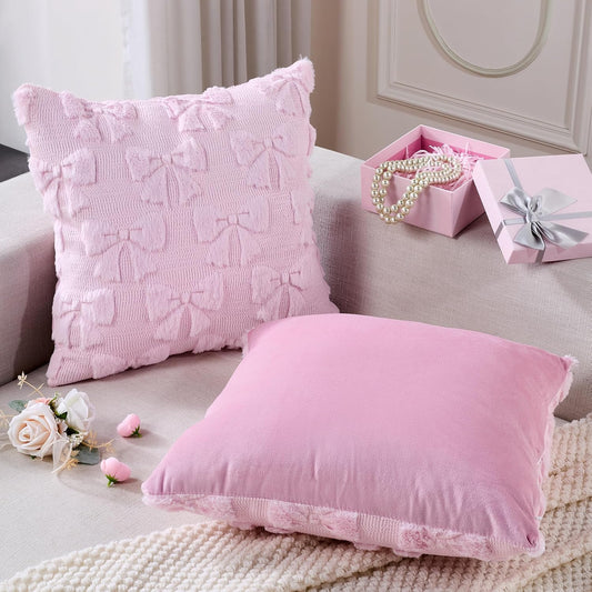 Light Pink Christmas Pillow Covers 18x18 Set of 2 Valentine Coquette Room Decor Faux Fur Bow Soft Aesthetic Plush Preppy Fluffy Decorative Throw Cushion Case for Sofa Couch Bed Chair Living Room