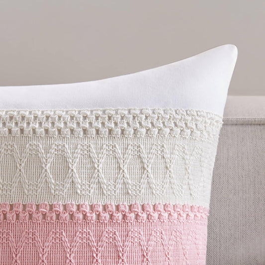 Soft Cotton Boho Lumbar Throw Pillow Covers Set of 2, Natural White/Contrast Light Pink 12x20 Inch, Light Pink Farmhouse Decorative Cushion Covers for Sofa Bed Living Room Home Decor