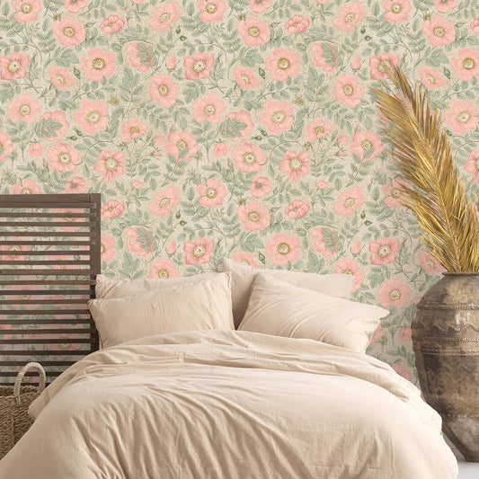 VEELIKE Vintage Pink Poppies Floral Peel and Stick Wallpaper Boho Flower Wallpaper for Nursery Bedroom 17.7''x118'' Floral Contact Paper for Cabinets Drawers Prepasted Removable Wall Paper