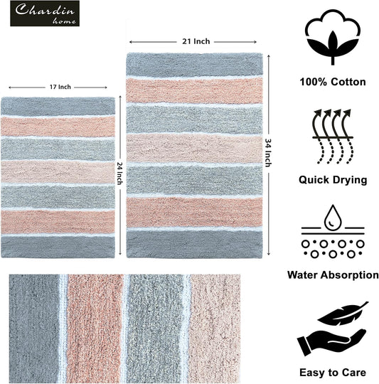 Chardin home Cordural Stripes Bath Mat, Set of 2 Bath Rugs (17 Inches x24 Inches & 21 Inches x34 Inches) | Non Slip Bathroom Rug, Machine Washable, Plush, Highly Absorbent | Grey & Peach/Blush