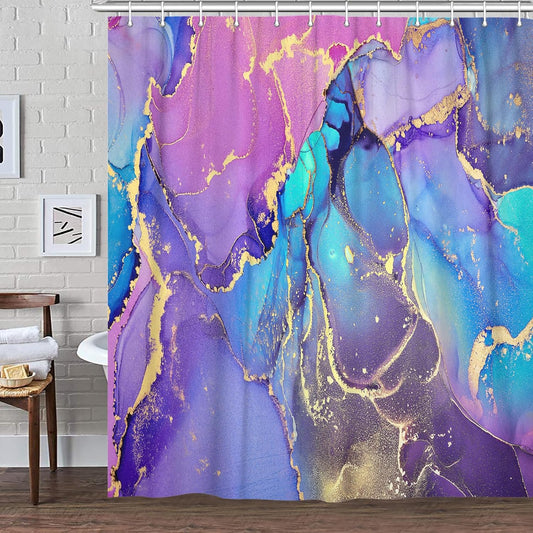 Purple Marble Shower Curtain, Blue Abstract Ombre Bright Colorful Modern Fabric Shower Curtains Set for Bathroom Decorative, Pink and Gold Restroom Decor Accessories with Hooks 72X72 Inch
