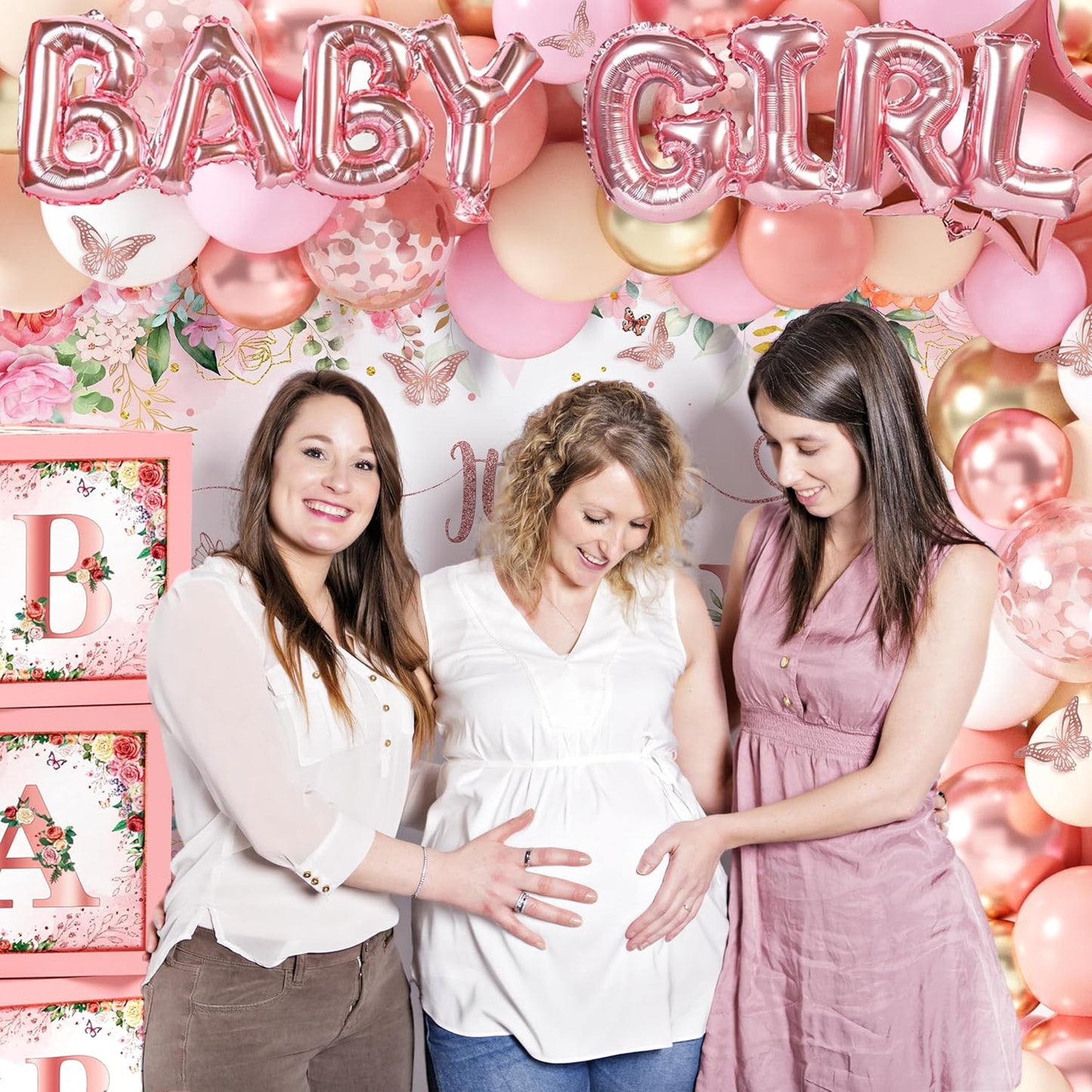 Baby Shower Decoration for Girl Baby Girl Pink Rose Gold Baby Shower Decoration Floral Gender Reveal Party Supplies with It's a Girl Backdrop Balloon Arch Baby Box with Letter Butterfly Sticker