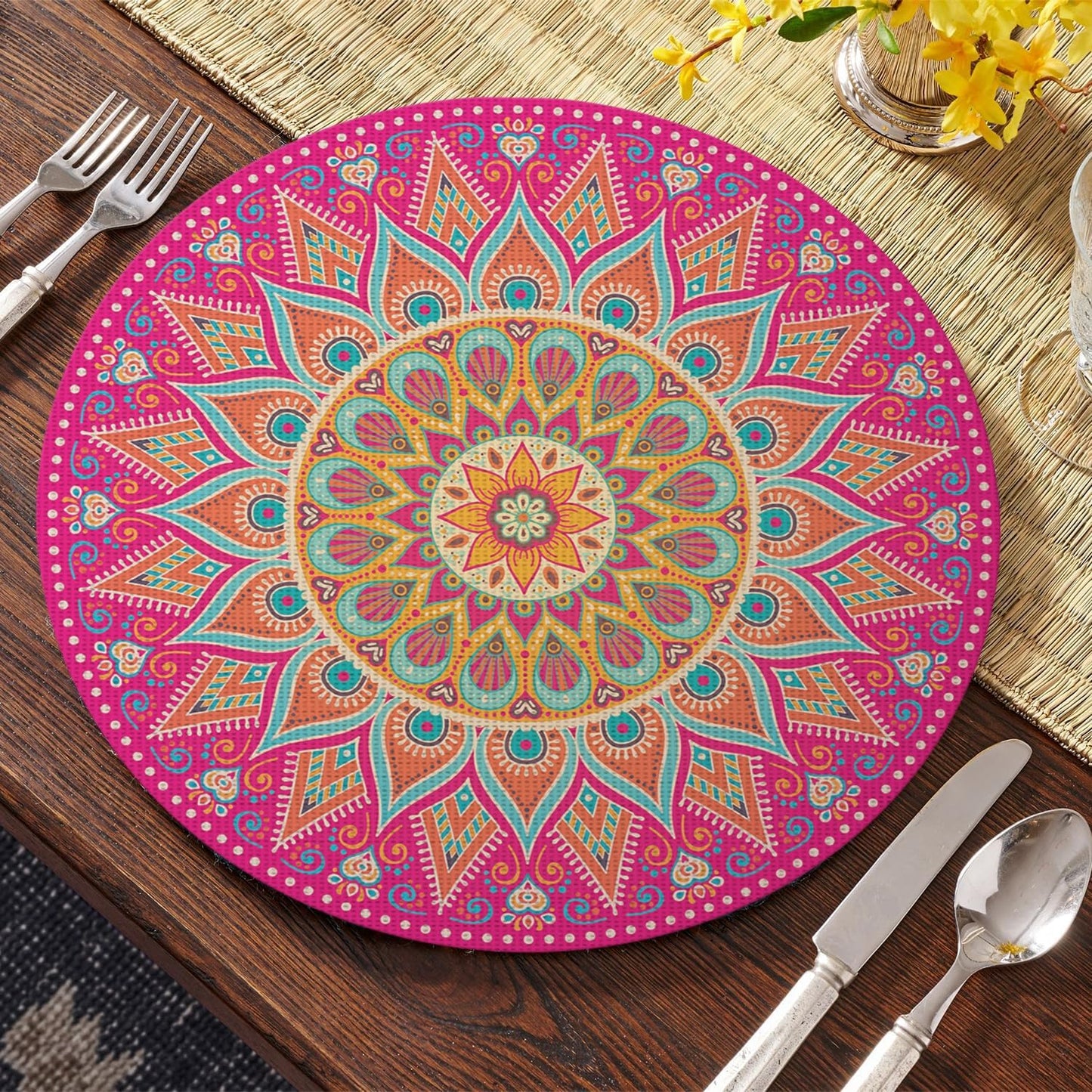 Artoid Mode Pink Mandala Vinyl Plastic Placemats Set of 4, 14 Inch Washable Non-Slip Woven Round Table Mats for Party Kitchen Dining Decor