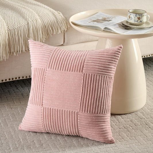 Fancy Homi Set of 2 Blush Pink Boho Decorative Throw Pillow Covers 18x18 Inch for Living Room Bedroom Couch Bed Sofa, Modern Farmhouse Home Decor, Soft Striped Plaid Corduroy Accent Cushion Case