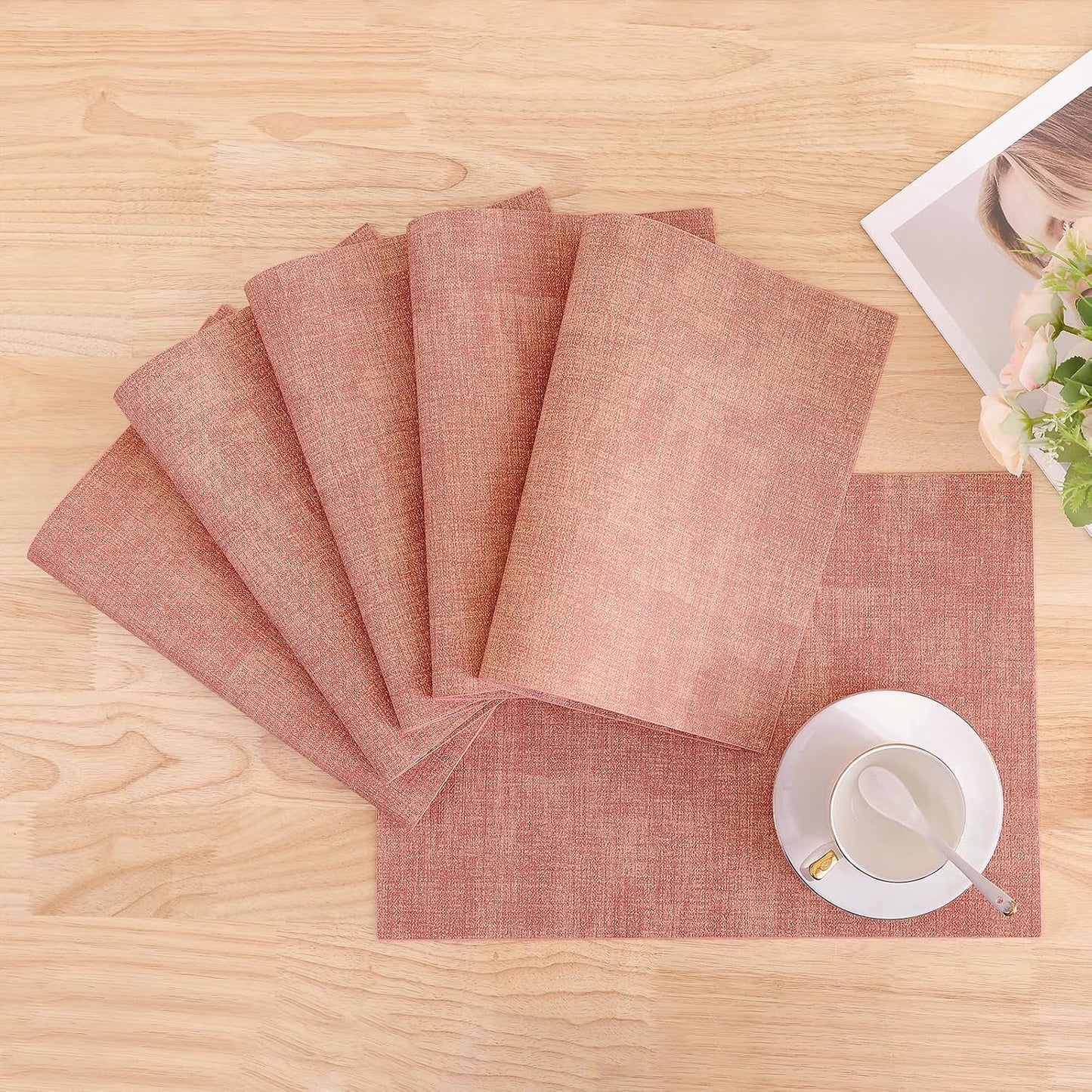 Homaxy Faux Leather Heat Resistant Placemats for Dining Table Set of 6, Waterproof Wipeable Washable PU Table Mats, Easy to Clean Anti-Slip Place Mats, 11.8" x 17", Pink